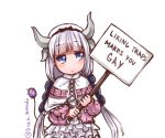    1girl bangs beads blue_eyes blunt_bangs capelet disco_brando dragon_girl english gradient_hair hair_beads hair_ornament hairband horns kanna_kamui kobayashi-san_chi_no_maidragon lavender_hair low_twintails meme multicolored_hair solo tail twintails twitter_username 