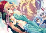  1boy 3girls blonde_hair blue_flower blue_hair breast_press breasts cleavage clenched_hand dutch_angle eleonora_viltaria flower green_eyes hair_flower hair_ornament highres hug katagiri_hinata large_breasts long_hair ludmila_lourie madan_no_ou_to_vanadis midriff multiple_girls navel novel_illustration official_art open_mouth redhead short_hair sideboob silver_hair small_breasts sofya_obertas spiky_hair tigrevurmud_vorn 