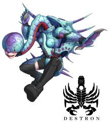 1girl belt belt_buckle black_footwear boots buckle claws commentary cyborg eidenjyou1997 english_commentary fangs full_body genderswap genderswap_(mtf) helmet highres holding kamakubigame kamen_rider kamen_rider_v3_(series) logo long_neck monster_girl open_mouth red_belt red_eyes shell simple_background skin_fangs solo spiked_shell turtle_girl turtle_shell white_background