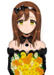  1girl bare_shoulders black_bow blush bouquet bow breasts brown_hair cleavage closed_mouth detached_collar eyebrows_visible_through_hair flower hair_between_eyes hairband kunikida_hanamaru long_hair looking_at_viewer love_live! love_live!_sunshine!! rocha_(aloha_ro_cha) simple_background smile solo upper_body white_background yellow_eyes 