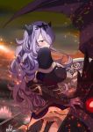  1girl armor ass axe black_panties blush breasts camilla_(fire_emblem_if) capelet cleavage cleavage_cutout fire_emblem fire_emblem_if glowing glowing_eyes hair_ornament hair_over_one_eye kero_sweet large_breasts lips long_hair marzia_(fire_emblem_if) panties purple_hair red_eyes smile tiara underwear vambraces violet_eyes wavy_hair weapon wyvern 