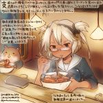  1girl alternate_costume breasts chopsticks commentary_request eating food glasses hamster kantai_collection kirisawa_juuzou large_breasts musashi_(kantai_collection) noodles ramen red_eyes school_uniform serafuku sweat traditional_media translation_request twitter_username white_sailor_collar 