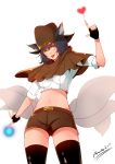  1girl absurdres ahri alternate_costume alternate_hair_color animal_ears black_hair black_legwear breasts cowboy_hat facial_mark fox_ears fox_tail hat heart highres league_of_legends lips long_hair midriff multiple_tails navel rude_ruin simple_background slit_pupils solo tail thigh-highs tongue tongue_out whisker_markings white_background yellow_eyes 