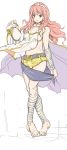  1girl adapted_costume bad_feet bandage bare_shoulders belt breasts cape celica_(fire_emblem) cleavage fire_emblem fire_emblem:_kakusei fire_emblem_echoes fire_emblem_echoes:_mou_hitori_no_eiyuuou fire_emblem_gaiden full_body holding_clothes jiejio legs_crossed long_hair pink_hair short_shorts shorts sideboob simple_background sketch sleeveless solo strapless tiara white_background 