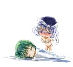  2girls blue_eyes blush bra chibi closed_eyes colored_eyelashes daiyousei drooling green_hair hat letty_whiterock long_hair multiple_girls navel open_mouth panties short_hair silver_hair sleeping smile touhou underwear underwear_only white_bra white_panties yohane you_gonna_get_raped yuri 