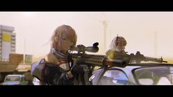  2girls ar-15 assault_rifle blue_eyes blurry blurry_background day girls_frontline gloves ground_vehicle gun hair_ornament highres holding holding_weapon jacket left-handed letterboxed m4_carbine m4_sopmod_ii_(girls_frontline) multicolored_hair multiple_girls novelance pink_hair red_eyes rifle scarf scope st_ar-15_(girls_frontline) weapon 