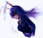  1girl animal_ears asuzemu backlighting blazer blue_background breasts collared_shirt expressionless floating_hair hair_over_one_eye jacket lips long_sleeves looking_at_viewer medium_breasts nose purple_hair rabbit_ears red_eyes reisen_udongein_inaba shiny shiny_hair shirt simple_background solo touhou upper_body 