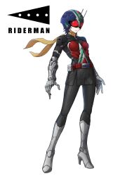 1girl antennae belt black_bodysuit black_skirt blue_hair bodysuit boots closed_mouth commentary eidenjyou1997 english_commentary full_body genderswap genderswap_(mtf) gloves goggles grey_footwear grey_gloves high_heel_boots high_heels highres kamen_rider kamen_rider_v3_(series) logo mechanical_arms red-tinted_eyewear red_belt rider-tan rider_belt riderman scarf simple_background single_glove single_mechanical_arm skirt solo standing tinted_eyewear white_background yellow_scarf 