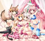  4girls :d animal_ears bangs bed bell between_legs black_bra black_legwear black_panties blonde_hair blue_bra blue_eyes blue_legwear blue_panties blush bow bow_panties bra bracelet breasts brown_eyes brown_hair bunny_tail cat_ears cat_tail choker cleavage curtains earrings eyebrows_visible_through_hair fang fox_ears fox_tail garter_belt hair_bell hair_ornament hair_ribbon hairclip hand_between_legs highres jewelry kamiya_tomoe kneeling lace large_breasts leaning_forward long_hair looking_at_viewer multiple_girls navel on_bed open_mouth original panties paw_pose pink_bra pink_eyes pink_hair pink_legwear pink_panties rabbit_ears ribbon ring short_hair silver_hair sitting smile striped striped_legwear tail thigh-highs twintails underwear v wariza window yellow_eyes 