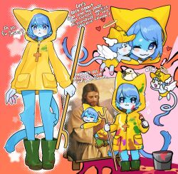  1girl :&lt; :3 absurdres angel angel_wings belial43157741 blue_eyes blue_fur blush boots cat furry highres hug jesus jubilee_2025 luce_(jubilee_2025) naughty_face paint_can paintbrush rubber_boots shigoto_neko smile the_bible wings yellow_raincoat 