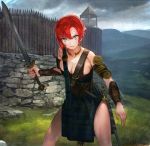  1girl alternate_costume aos_libido armband armlet armor armored_dress bangs belt blue_eyes boudica_(civilization) boudica_(fate/grand_order) breast_squeeze breasts celtic_knot civilization_(series) civilization_v cleavage clouds cloudy_sky corset cowboy_shot defensive_wall fate/grand_order fate_(series) fortification grass hair_between_eyes hill holding holding_sword holding_weapon jewelry landscape large_breasts looking_at_viewer multiple_swords neck_ring open_mouth outdoors palisade redhead serious sheath sheathed short_hair sky solo stone_wall strap sword thighs tied_hair vambraces wall war_paint watchtower weapon 