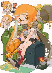  1girl agent_3_(splatoon_3) asymmetrical_hair black_shorts boots braid brown_cape cape chiikama_(plus67kt) dolphin_shorts dot_nose english_commentary eyebrow_cut eyes_visible_through_hair grey_footwear hair_tie highres holding holding_weapon inkling inkling_girl inkling_player_character long_hair multiple_views orange_eyes orange_hair parted_lips pointy_ears shirt short_sleeves shorts simple_background single_braid sitting smallfry_(splatoon) splashtag_(splatoon) splatoon_(series) splatoon_3 splattershot_(splatoon) suction_bomb_(splatoon) tentacle_hair thick_eyebrows torn_cape torn_clothes torn_shirt weapon white_background white_shirt 