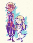  2girls bangs blonde_hair blue_eyes dark_skin dress facial_mark forehead_mark harp impa instrument long_hair multiple_girls pointy_ears princess_zelda red_eyes setz smile the_legend_of_zelda the_legend_of_zelda:_skyward_sword white_dress 