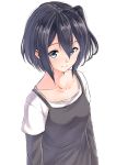  1girl apron black_hair blue_eyes breasts closed_mouth collarbone hair_between_eyes highres kyoo-kyon_(kyo-kyon) long_sleeves looking_at_viewer medium_breasts original shirt side_ponytail simple_background smile solo suzunari_shizuku upper_body white_background white_shirt 