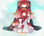  2girls armor book cape fire_emblem fire_emblem:_mystery_of_the_emblem fire_emblem:_shin_ankoku_ryuu_to_hikari_no_tsurugi hair_ornament hug hug_from_behind kneeling looking_at_viewer maria_(fire_emblem) minerva_(fire_emblem) multiple_girls nunuko_(mu661129) pauldrons redhead siblings sisters skirt smile 