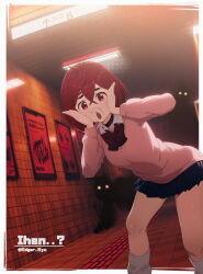  1girl absurdres ayase_momo black_choker blue_skirt border bow bowtie cheek_squash choker collared_shirt commentary_request crossed_bangs dandadan edgar_syu hair_between_eyes highres indoors leg_warmers looking_at_viewer outside_border pink_sweater pleated_skirt red_bow red_bowtie red_eyes redhead school_uniform shirt short_hair skirt sweater tactile_paving the_exit_8 twitter_username white_border white_leg_warmers white_shirt 