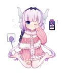  1girl battery capelet commentary_request dragon_girl dress electric_socket full_body hairband highres horns indigopp kanna_kamui kobayashi-san_chi_no_maidragon multicolored_hair recharging rubbing_eyes socks solo tail two-tone_hair wall_outlet 