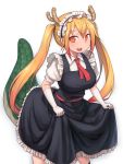 1girl black_dress blonde_hair dragon_girl dragon_tail dress fang gloves highres horns kobayashi-san_chi_no_maidragon long_hair looking_at_viewer maid maid_headdress necktie open_mouth orange_eyes skirt_hold slit_pupils smile solo tail tail_raised tooru_(maidragon) twintails very_long_hair white_gloves zenn