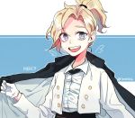  1girl :d black_coat black_skirt blonde_hair blue_eyes buttons character_name coat collared_shirt cropped_jacket dress_shirt hair_ornament hair_tie ieru1826 jacket looking_at_viewer mercy_(overwatch) open_clothes open_jacket open_mouth overwatch ponytail shirt skirt smile solo teeth twitter_username white_jacket white_shirt 