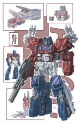  autobot clenched_hand clenched_hands gun highres holding holding_gun holding_weapon mecha motor_vehicle multiple_forms multiple_views no_humans optimus_prime orange_eyes robot science_fiction tgping transformers transformers_(marvel) truck weapon 