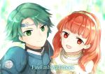  1boy 1girl alm_(fire_emblem) armor celica_(fire_emblem) circlet dress fire_emblem fire_emblem_echoes fire_emblem_echoes:_mou_hitori_no_eiyuuou green_eyes green_hair looking_at_viewer pauldrons redhead short_hair simple_background smile tiara 