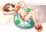  1girl armpits ball beachball bikini blush bracelet breasts brown_eyes brown_hair character_name copyright_name english front-tie_bikini front-tie_top innertube jewelry looking_at_viewer lying misaka_mikoto navel on_back raika9 sand sandals short_hair side-tie_bikini small_breasts solo swimsuit to_aru_kagaku_no_railgun to_aru_majutsu_no_index toes 