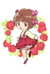  1girl :3 :d amano_sakuya bangs black_jack_(series) bloomers bow bowl_cut brown_eyes brown_hair collar eyelashes flower frilled_skirt frills from_side full_body hair_bow hair_ornament holding_skirt leaf leg_lift long_sleeves looking_at_viewer looking_back mary_janes open_mouth parted_bangs pinoko red_rose rose shirt shoes short_hair skirt smile socks solo standing standing_on_one_leg suspender_skirt suspenders tareme turtleneck underwear white_background 