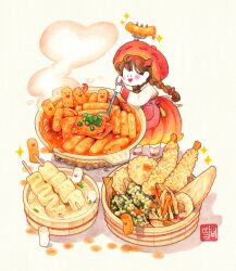  1girl ankle_socks apron artist_name beret black_eyes blush_stickers braid brown_hair commentary_request cooking food food_request fork full_body hair_ornament hat heart heart-shaped_mouth heart_hair_ornament highres holding_utensil korean_commentary ladle long_hair long_skirt long_sleeves low_twin_braids open_mouth original oversized_food oversized_object pasta pink_apron pink_footwear pleated_skirt pocket red_hat red_skirt red_sleeve_cuffs ribbon-trimmed_headwear ribbon-trimmed_sleeves ribbon_trim shadow shirt shoes shrimp shrimp_tempura simple_background skewer skirt smile socks solid_oval_eyes solo sparkle steam talbi tassel tempura twin_braids watermark white_background white_shirt yellow_socks 