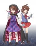  &gt;:d 2girls :d brown_eyes brown_hair cape card cellphone dual_persona glasses gloves hat kneehighs low_twintails multiple_girls open_mouth phone plaid pleated_skirt red-framed_eyewear school_uniform semi-rimless_glasses skirt smartphone smile touhou twintails under-rim_glasses usami_sumireko white_gloves white_legwear younger ys_(fall) 