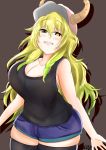  1girl artist_request blonde_hair breasts cleavage commentary_request curvy dragon_girl dragon_horns green_eyes green_hair hat heterochromia highres horns kobayashi-san_chi_no_maidragon large_breasts long_hair looking_at_viewer multicolored multicolored_eyes multicolored_hair open_mouth quetzalcoatl_(maidragon) shorts smile solo thick_thighs thigh-highs wide_hips yellow_eyes 
