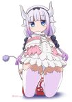 1girl akadama bangs blue_eyes closed_mouth dragon_girl dragon_tail from_below gothic_lolita gradient hair_ornament hairband high_heels horns kanna_kamui kobayashi-san_chi_no_maidragon lolita_fashion long_hair looking_at_viewer panties pantyshot purple_hair simple_background solo straight_hair tail thigh-highs twintails underwear