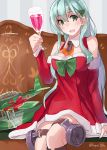  1girl :d aircraft airplane bare_shoulders bow bowtie cup dated detached_sleeves drinking_glass green_eyes green_hair hair_ornament hairclip highres kantai_collection long_hair open_mouth santa_costume sitting smile solo sugue_304 suzuya_(kantai_collection) twitter_username wine_glass 
