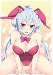  1girl all_fours animal_ears bare_shoulders bow bowtie breasts bunnysuit cleavage detached_collar large_breasts long_hair looking_at_viewer matoi_(pso2) milkpanda open_mouth phantasy_star phantasy_star_online_2 rabbit_ears red_eyes solo squatting white_hair wrist_cuffs 