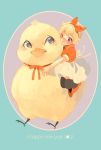  1girl bird blonde_hair blue_eyes hair_ribbon highres one_eye_closed ribbon riding short_hair u-min year_of_the_rooster 