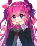  1girl :d artist_name bangs bespectacled black-framed_eyewear blue_eyes blush casual claws coat eyebrows_visible_through_hair fang fate/extra fate/extra_ccc fate_(series) glasses hair_between_eyes hair_ornament hairclip heart heart-shaped_pupils highres horns lancer_(fate/extra_ccc) long_hair long_sleeves looking_at_viewer open_mouth pink_hair pointy_ears round_teeth sakurano_shiyue scarf semi-rimless_glasses smile solo symbol-shaped_pupils teeth upper_body 