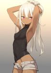  1girl armpits arms_up breasts covered_navel cowboy_shot gradient gradient_background groin hirasato long_hair midriff open_fly original perky_breasts ponytail red_eyes short_shorts shorts silver_hair simple_background small_breasts solo very_long_hair 