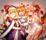  3girls ahoge animal_ears artoria_pendragon_(all) bell bell_collar blonde_hair blush breasts christmas_costume cleavage collar embarrassed fate/grand_order fate/stay_night fate_(series) fox_ears fox_tail fujimaru_ritsuka_(female) green_eyes hair_ribbon heart heart-shaped_pupils highres long_hair looking_at_viewer medium_breasts multiple_girls open_mouth orange_hair paws pink_hair ribbon saliva santa_alter short_hair symbol-shaped_pupils tail tamamo_cat_(fate) tongue wei_li yellow_eyes 