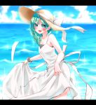  1girl asymmetrical_hair bare_shoulders blush collarbone dress dress_lift green_eyes green_hair hair_ribbon hat highres mappe_(778exceed) ocean open_mouth ribbon shiki_eiki sleeveless sleeveless_dress smile solo sun_hat sundress touhou white_dress 