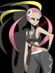  1girl armpits bare_shoulders black_background breasts cropped_legs dark_skin hair_ornament half-closed_eyes hand_on_hip highres hips jewelry makeup mascara multicolored_hair navel navel_cutout necklace pants pink_hair plumeri_(pokemon) plumeria_(pokemon) pokemon pokemon_(game) pokemon_sm signature simple_background skull_hair_ornament sleeveless smile smirk solo stomach_tattoo tank_top tattoo team_skull twintails two-tone_hair wristband yellow_eyes 