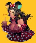  +_+ 1girl animal_ears bare_shoulders black_hair bow bowtie breasts cleavage demon_wings dress facial_mark gradient_eyes green_eyes highres index_finger_raised large_breasts lips long_hair mouse_ears multicolored multicolored_eyes nail_polish original parted_lips pigeon666 polka_dot polka_dot_ribbon ponytail red_dress short_hair_with_long_locks simple_background solo strap wings yellow_background 