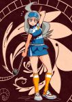  /\/\/\ 1girl ahoge arm_up bare_arms blue_eyes blue_hat blue_skirt breasts chawalit_adsawawalanon closed_mouth elite_four feathers golf_club grey_hair hat highres holding holding_golf_club kahili_(pokemon) kneehighs long_hair looking_at_viewer medium_breasts miniskirt orange_legwear outline pencil_skirt pin pokemon pokemon_(game) pokemon_sm shirt shoes short_sleeves skirt smile solo standing striped striped_shirt visor_cap white_shoes 