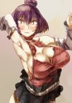  1girl adapted_costume arm_up armpits bare_shoulders blush breasts cleavage clenched_hand detached_collar fang hair_bun halterneck huge_breasts looking_at_viewer open_mouth purple_hair red_eyes short_hair solo touhou upper_body yasaka_kanako yohane 