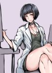  1girl absurdres bangs black_dress black_hair blunt_bangs blush breasts brown_eyes cleavage closed_mouth coat collar collarbone dress gggg highres jewelry labcoat legs_crossed looking_at_viewer medium_breasts necklace open_clothes open_coat persona persona_5 short_hair sitting solo takemi_tae 