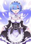  1girl blue_eyes blue_hair blush breasts cleavage detached_sleeves dress frills headdress maid_uniform open_mouth re:zero_kara_hajimeru_isekai_seikatsu rem_(re:zero) short_hair solo 