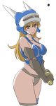  1girl armlet armor bare_shoulders belt blush breasts brown_eyes brown_gloves brown_hair daisy_(dq) dragon_quest dragon_quest_yuusha_abel_densetsu gloves helmet horned_helmet long_hair looking_at_viewer simple_background smile40_(ogi) solo 