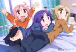  3girls absurdres ass barefoot blonde_hair denim highres hinata_yukari ichii_yui jeans lying multiple_girls nonohara_yuzuko pants pink_hair purple_hair sweater yuyushiki 