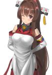  1girl ao_iro apron breasts brown_hair detached_sleeves flower hair_flower hair_ornament headgear highres kantai_collection large_breasts long_hair one_eye_closed red_eyes smile solo tying tying_apron very_long_hair yamato_(kantai_collection) 