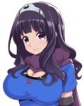 1girl black_hair breasts cleavage cleavage_cutout dragon_quest dragon_quest_iii elbow_gloves gloves hanauna hero-chan_(hanauna) highres large_breasts long_hair looking_at_viewer scarf smile solo tiara upper_body violet_eyes 