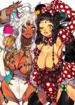  2girls absurdres ahoge animal_ears bare_shoulders black_hair black_legwear blue_eyes blush bow bowtie breasts cleavage demon_wings detached_collar detached_sleeves dress epaulettes facial_mark fangs fingernails frilled_dress frills garter_straps gradient_eyes heart heterochromia highres large_breasts long_hair looking_at_viewer mouse_ears multicolored multicolored_eyes multiple_girls nail_polish one_eye_closed open_mouth original pigeon666 polka_dot polka_dot_dress polka_dot_ribbon puffy_sleeves red_dress red_eyes ribbon sharp_fingernails short_hair short_hair_with_long_locks simple_background smile strap striped striped_ribbon tail tattoo thigh-highs unbuttoned white_background white_hair white_legwear wings wolf_ears wolf_tail 