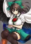  &gt;:( 1girl abe_ranzu alternate_hairstyle arm_cannon bird_wings black_hair black_legwear black_wings breast_hold breasts cape dress_shirt fang feathered_wings frilled_shirt_collar frilled_skirt frills green_skirt hair_between_eyes highres large_breasts long_hair looking_at_viewer parted_lips ponytail red_eyes reiuji_utsuho serious shirt skirt solo thigh-highs third_eye touhou weapon white_shirt wings 